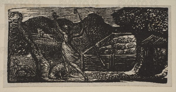 Shepherd Chases Away a Wolf, from Thornton's Pastorals of Virgil, 1821. Creator: William Blake.
