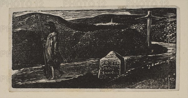 Colinet's Journey, Milestone Marked 'LXII Miles to London', from Thornton's Pastorals of V..., 1821. Creator: William Blake.