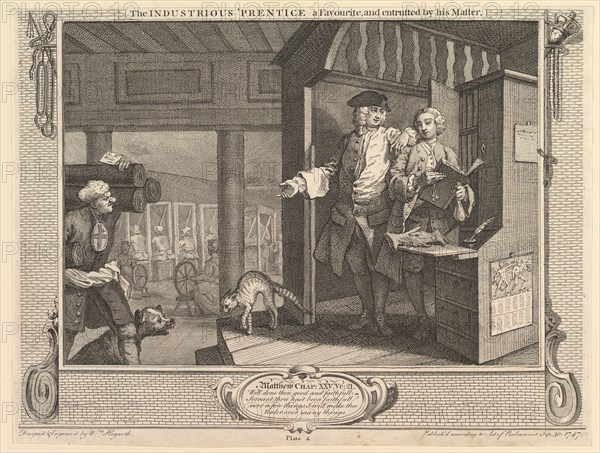 The Industrious 'Prentice a Favorite, and Entrusted by his Master: Industry ..., September 30, 1747. Creator: William Hogarth.