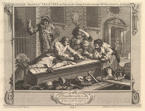 The Idle 'Prentice at Play in the Churchyard: Industry and Idleness, plate 3, September 30, 1747. Creator: William Hogarth.