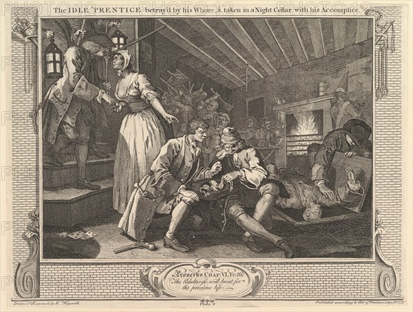 The Idle 'Prentice Betrayed by his Whore and Taken into a Night Cellar with ..., September 30, 1747. Creator: William Hogarth.