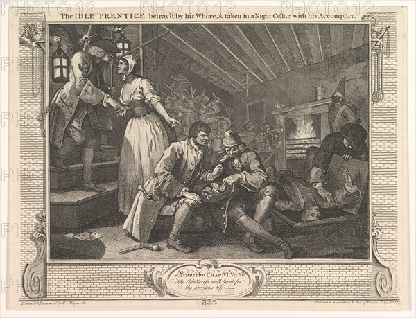 The Idle 'Prentice Betrayed by his Whore and Taken in a Night Cellar with hi..., September 30, 1747. Creator: William Hogarth.