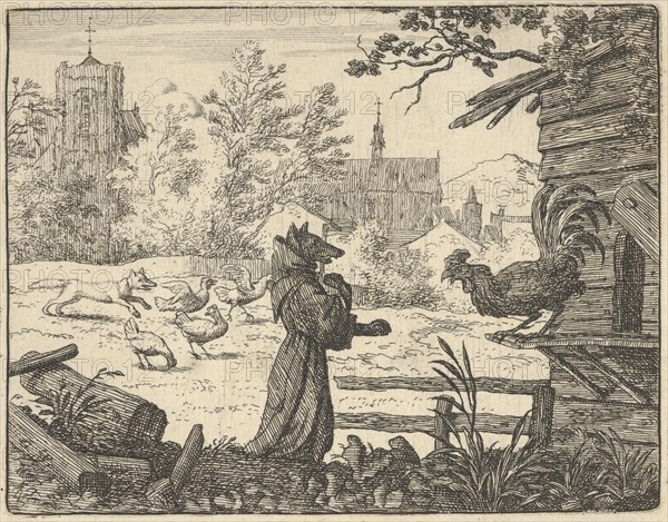 Renard, Disguised as a Monk, Gains the Confidence of the Rooster. From Hendrick van Alcmar's Renard The Fox, 1650-75. Third state of four.