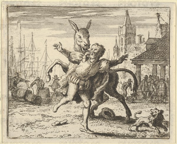 The Ass, Jealous of the Attention the Dog Is Getting From His Master, Looks to Imitate Him by Jumping at the Master's Neck. From Hendrick van Alcmar's Renard The Fox, 1650-75. Third state of four.