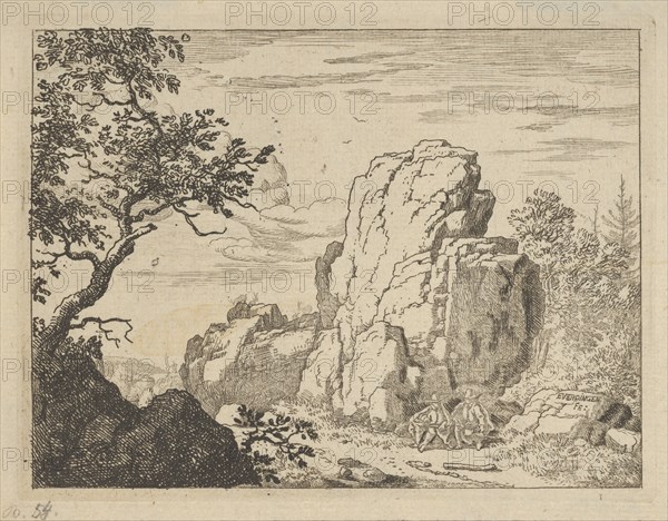 Two Men Seated at the Foot of a High Rock