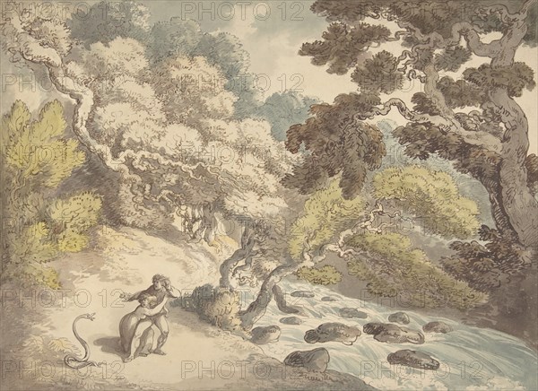 Landscape with rushing stream and a couple on the bank