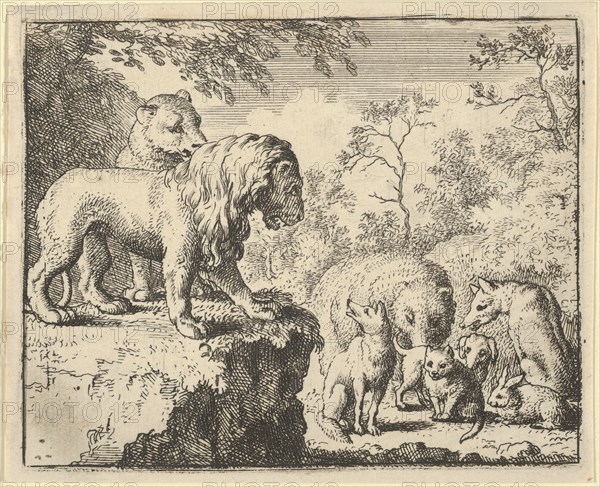 The Lion and the Lioness Pardon Renard and Order the Other Animals to Forget His Crimes. From Hendrick van Alcmar's Renard The Fox
