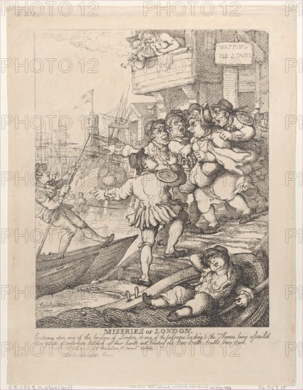 Miseries of London: Entering upon any of the bridges of London or any of the passages leading to the Thames being assailed by a group of watermen holding up their hands and bawling out. Oars Sculls. Sculls. Oars. Oars.