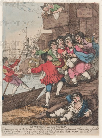 Miseries of London: Entering upon any of the bridges of London or any of the passages leading to the Thames being assailed by a groupe [sic] of watermen holding up their hands and bawling out. Oars Sculls. Sculls. Oars. Oars.