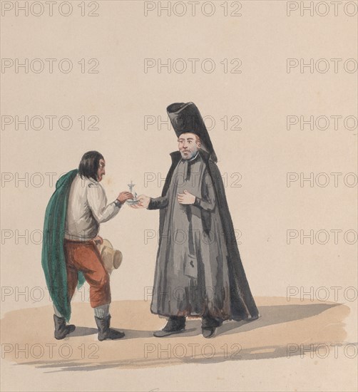 A canon handing a crucifix to a man, from a group of drawings depicting Peruvian costume, 1848.
