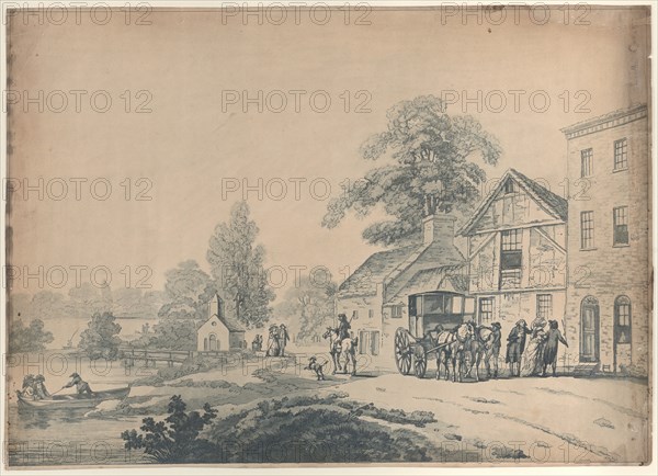 A Coach Outside an Inn, 1785-90. country inn with a carriage stopped in front and a lady and two gentleman entering the front door. Other couples stroll along the road near a small chapel and on a river or lake at left, a man rows another pair towards shore
