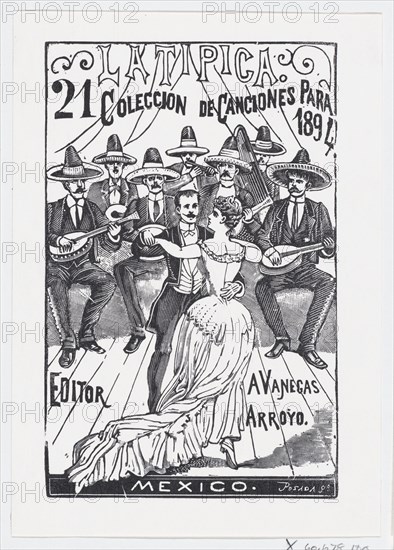 A couple dancing while a band plays music in the background, illustration for 'La Tipica,' published by Antonio Vanegas Arroyo, 1894.