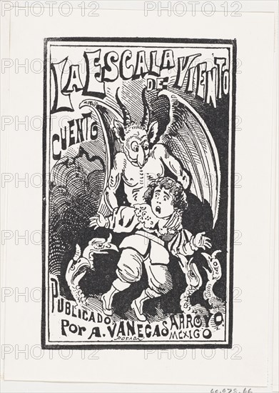 A demon holding a young boy by his shoulders over a group of vultures, illustration for 'La Escala de Viento,' published by Antonio Vanegas Arroyo, ca. 1880-1910.