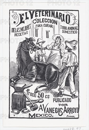 A group of people surrounding a horse, illustration for 'El Veterinario (The Veterinary: Collection of the best prescriptions for curing all domestic animals)' published by Antonio Vanegas Arroyo, ca. 1880-1910.