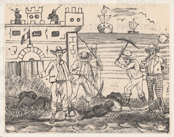 A group of prisoners performing labor by the sea, from a broadside entitled "Ultimas noticias de Gerardo Nevraumont y compañeros' [Treffel, Sousa and Caballero?], 1892.