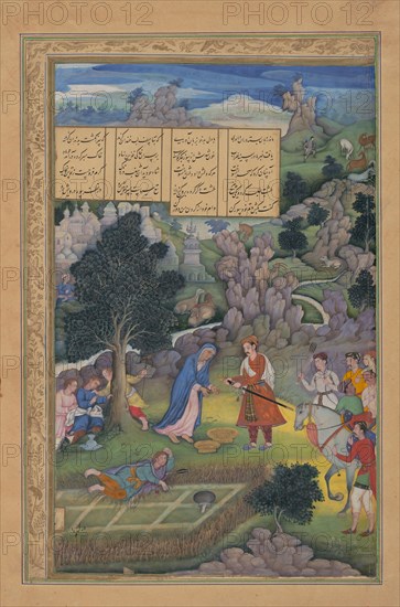 A King Offers to Make Amends to a Bereaved Mother, Folio from a Khamsa (Quintet) of Amir Khusrau Dihlavi, 1597-98.