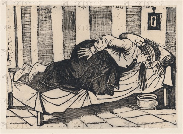 A man leaning over the side of a bed vomiting, from a broadside entitled 'Death of Aurelio Caballero due to yellow fever in Veracruz', 1892.