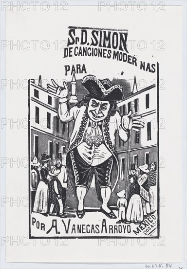 A man shrugging his shoulders towering over buildings and people, 'Señor D. Simon' published by Antonio Vanegas Arroyo, ca. 1880-1910.