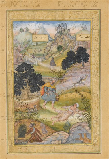 A Muslim Pilgrim Learns a Lesson in Piety from a Brahman, Folio from a Khamsa (Quintet) of Amir Khusrau Dihlavi, 1597-98.