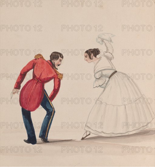 A Peruvian man and woman dancing the Zamacueca, from a group of drawings depicting Peruvian costume, ca. 1848.