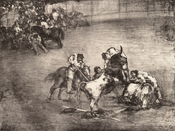 A picador caught by a bull, from the 'Bulls of Bordeaux', 1825.