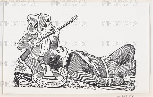 A revolutionary holding a rifle and kneeling to protect a fallen revolutionary, ca. 1880-1910.