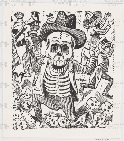 A skeleton holding a bone and leaping over a pile of skulls while people flee, from a broadside entitled 'Las bravisimas calaveras Guatemaltecas', ca. 1907.
