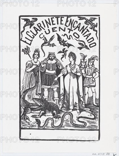 A sorceress pointing her wand at a crocodile while royal figures watch, illustration for 'El Clarinete Encantado', ca. 1880-1910.