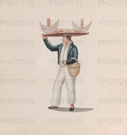 A tortilla vendor balancing a tray on his head, from a group of drawings depicting Peruvian costume, ca. 1848.