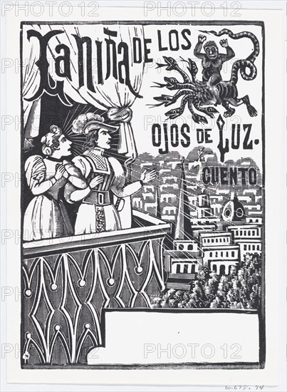 A woman and a man standing on a balcony looking up at a flying monster in the sky, La Niña de los Ojos de Luz, published by Antonio Vanegas Arroyo, ca. 1880-1910.