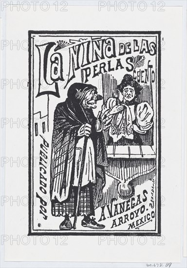 A woman crying with a handkerchief in her hand talking to an old hag, illustration for 'La Niña de las Perlas', published by Antonio Vanegas Arroyo, ca. 1880-1910.