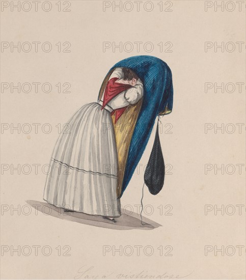 A woman getting into her saya viewed from behind, from a group of drawings depicting Peruvian costume, ca. 1848.