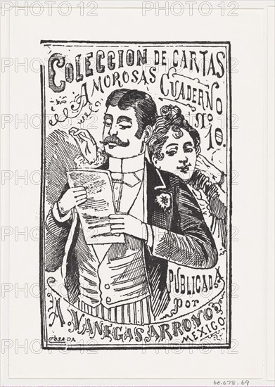 A woman looking over a man's shoulder at the letter in his hand, illustration for 'Coleccion de Cartas Amorosas Cuaderno No. 10,' published by Antonio Vanegas Arroyo, ca. 1880-1910.