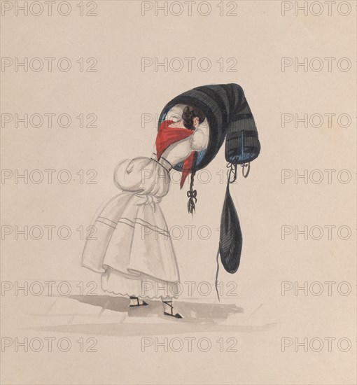 A woman putting on her saya, viewed from behind, from a group of drawings depicting Peruvian costume, ca. 1848.