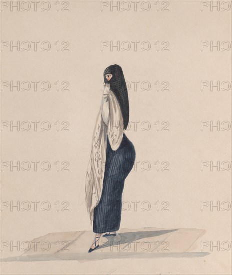 A woman wearing the saya standing in profile, from a group of drawings depicting Peruvian costume, ca. 1848.