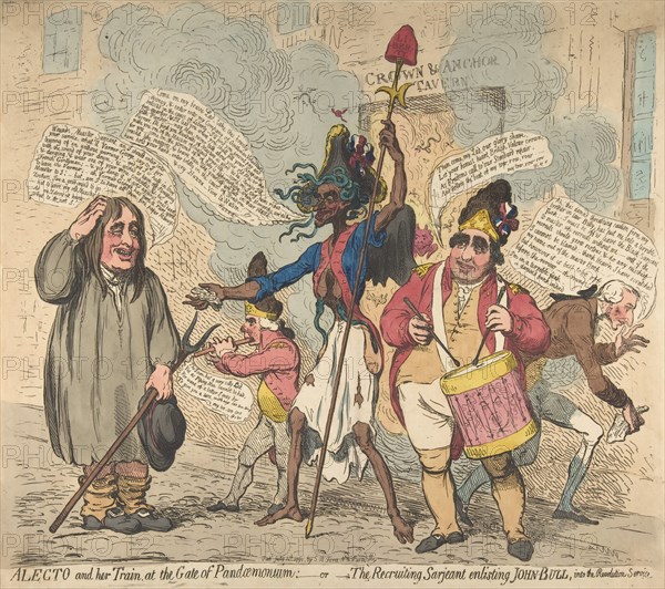 Alecto and Her Train, at the Gate of Pandaemonium:-or-The Recruiting Sarjeant Enlisting John Bull, Into the Revolution Service, July 4, 1791.