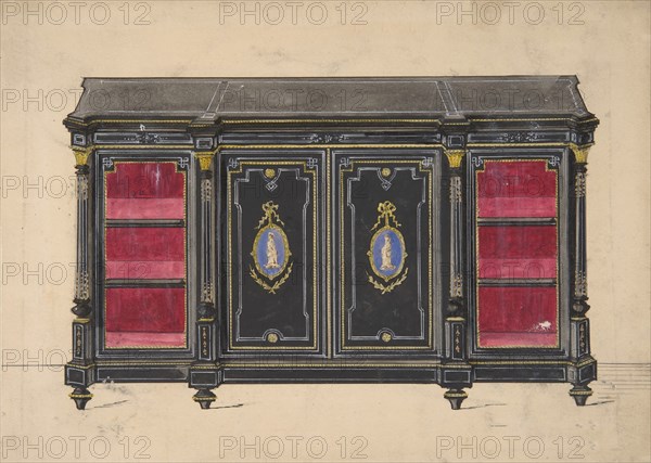 Cabinet Design with Porcelain Plaques and Red Interior, 19th century.