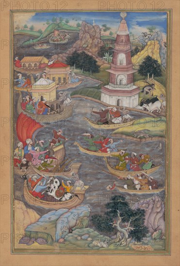 Alexander Fights a Sea Battle, Folio from a Khamsa (Quintet) of Amir Khusrau Dihlavi, 1597-98.