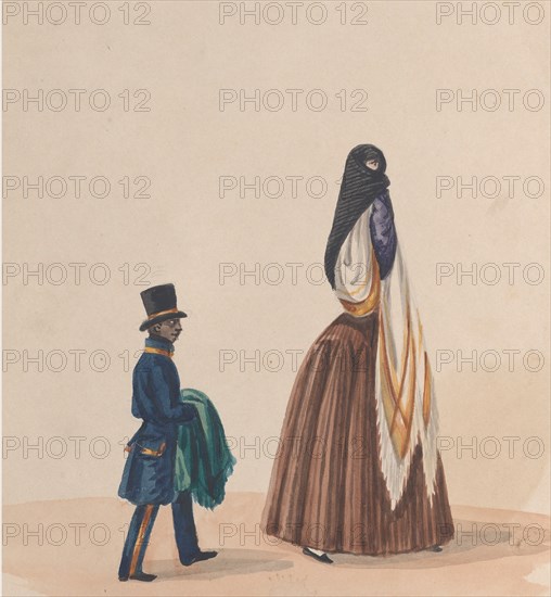 An elegantly dressed woman and her page, from a group of drawings depicting Peruvian costume, ca. 1848.