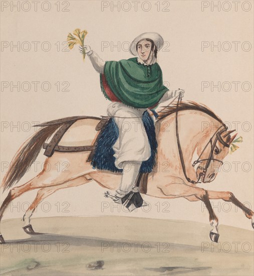 An elegantly dressed woman on horseback, from a group of drawings depicting Peruvian costume, ca. 1848.