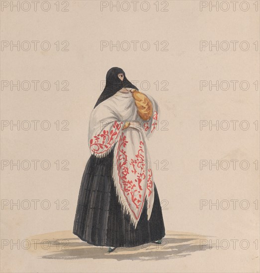 An elegantly dressed woman, from a group of drawings depicting Peruvian costume, ca. 1848.