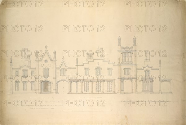Belmead, Plantation Mansion for Philip St. George Cocke, Powhatan Co., Virginia (partial elevations of entrance facade, greenhouse facade and James River facade, shown as continuous), 1846.