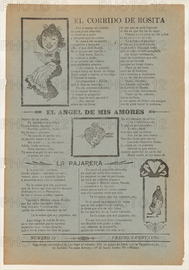 Broadsheet featuring three love ballads with vignettes showing a woman reading, a woman's head in a heart pierced by an arrow and a woman walking, 1918 (published).