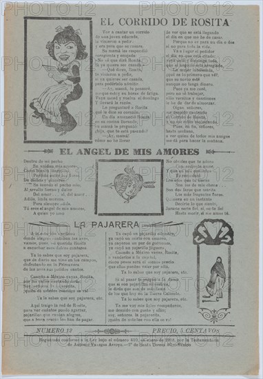 Broadsheet featuring three love ballads with vignettes showing a woman reading, a woman's head in a heart pierced by an arrow and a woman walking, 1918 (published).