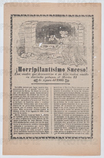 Broadsheet relating to a news story about a young mother who dismembered her newborn, a woman discovering the scene of the crime, 1905.