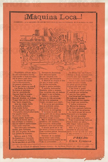 Broadsheet relating to a train accident that killed many people, wounded victims being carried on stretchers, 1920 (published).