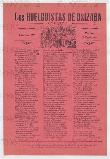 Broadsheet relating to a workers' strike in Orizaba, workers holding up the Mexican flag, flanked by soldiers, 1920 (published).