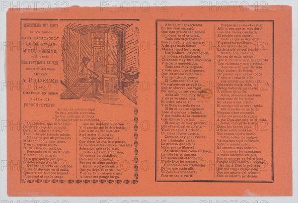 Broadsheet relating to life in prison, a man in his jail cell, ca 1900-1913.