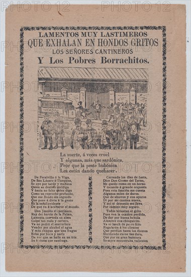 Broadsheet relating to men who frequent bars, different groups of men walking in the streets and one man running after a trolley car, ca. 1903.