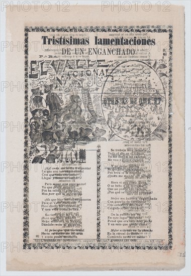 Broadsheet relating to people being tricked into working in tobacco fields, a man warning a crowd about harsh labor conditions, 1903.